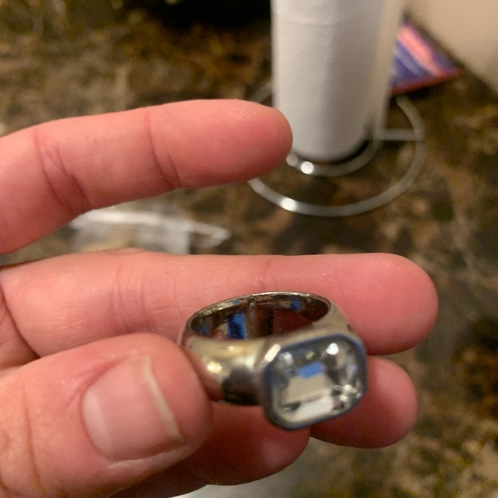 Bold Silver-Tone Statement Ring With Clear Emeral… - image 4